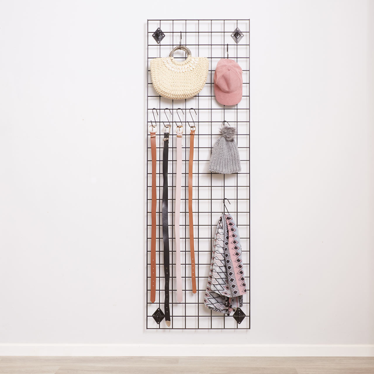 Black 6ft Wall-Mounted Grid Mesh Display with 20 S-Hooks