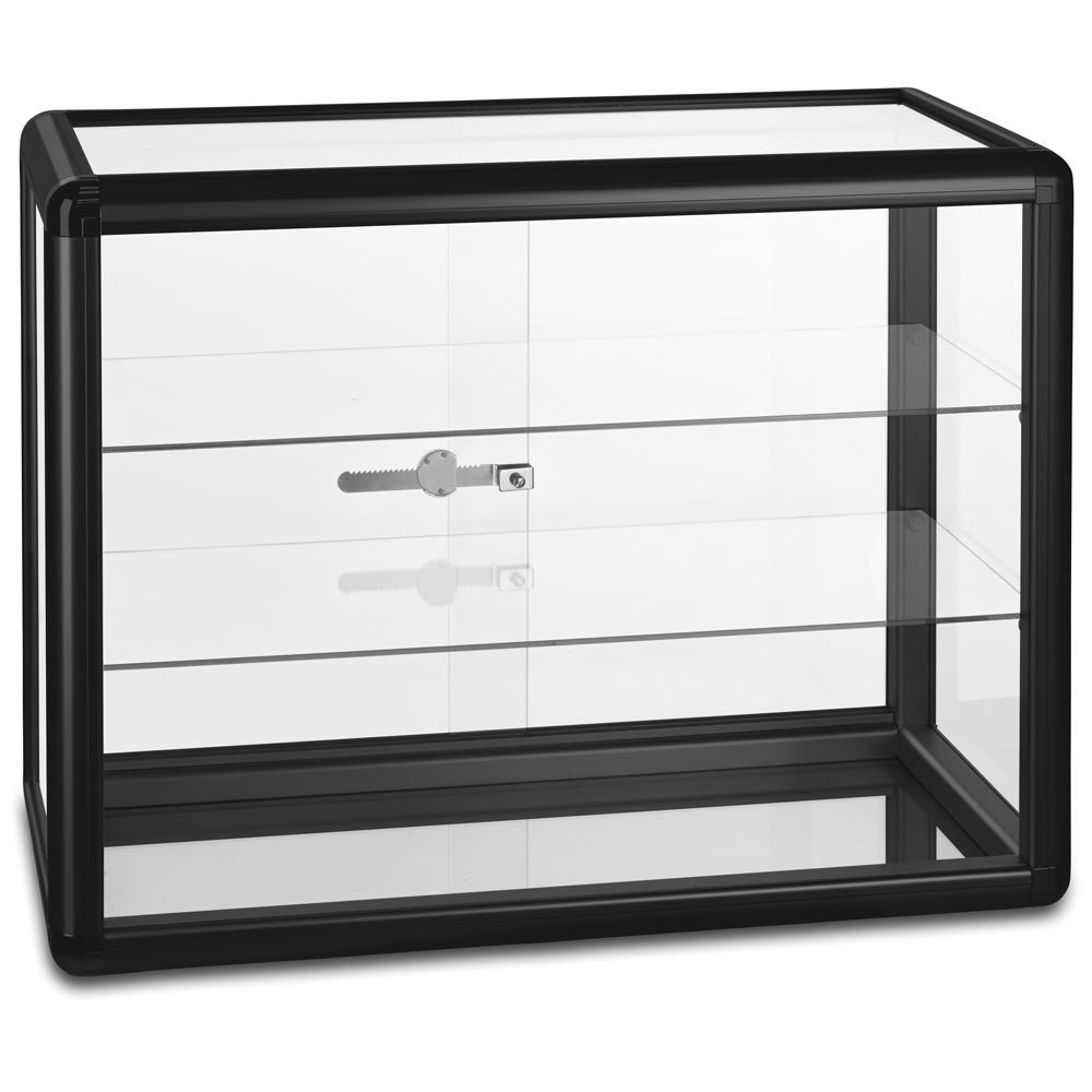 Aluminium/Glass Countertop Display Cabinet with 2 Glass Shelves and Lock - Black