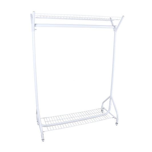 Gloss White 4ft Heavy-Duty Clothes Rail With Top and Bottom Shelf