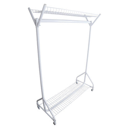 Gloss White 4ft Heavy-Duty Clothes Rail With Top and Bottom Shelf