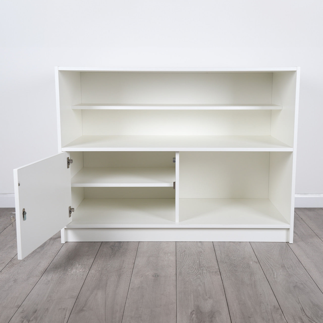Solido White Wrap Counter with Lockable Cupboard and Shelf