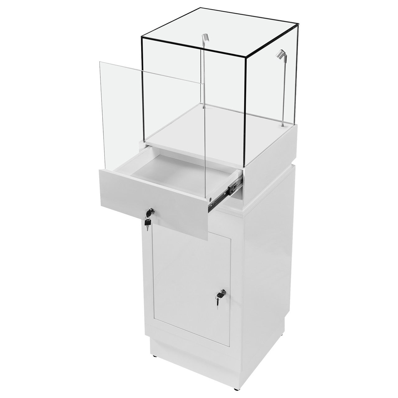 Halo White Glass Display Tower Showcase Plinth with Lockable Cupboard
