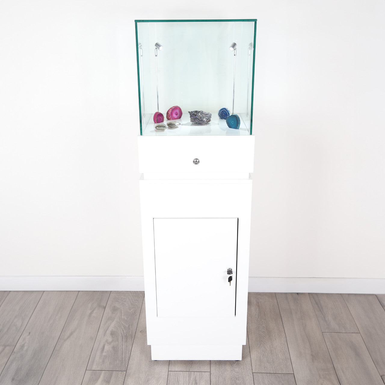 Halo White Glass Display Tower Showcase Plinth with Lockable Cupboard