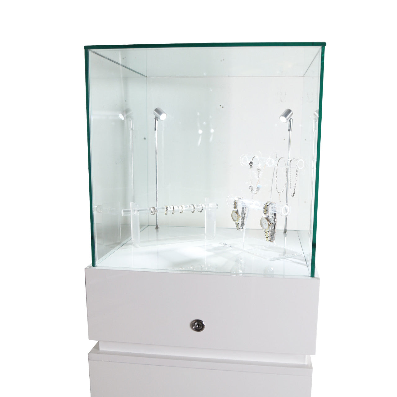 Halo White Glass Display Tower Showcase Plinth with Lockable Cupboard