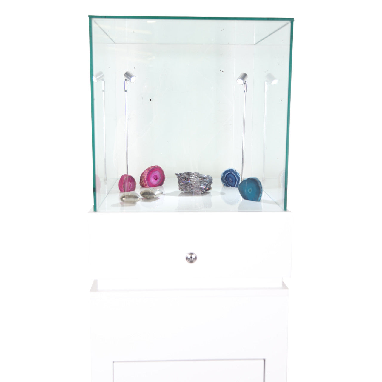 Halo White Glass Display Tower Showcase Plinth with Lockable Cupboard
