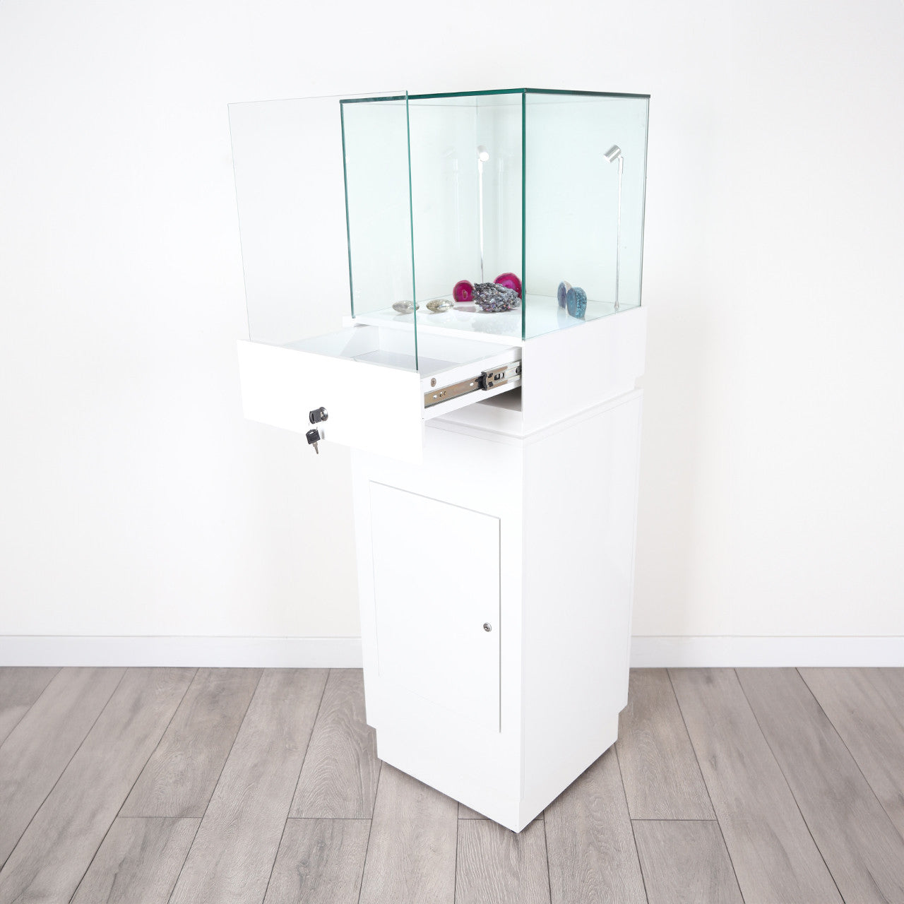 Halo White Glass Display Tower Showcase Plinth with Lockable Cupboard
