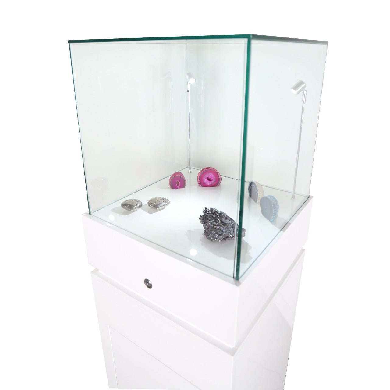 Halo White Glass Display Tower Showcase Plinth with Lockable Cupboard