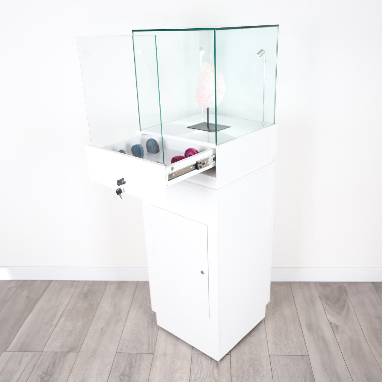 Halo White Glass Display Tower Showcase Plinth with Lockable Cupboard