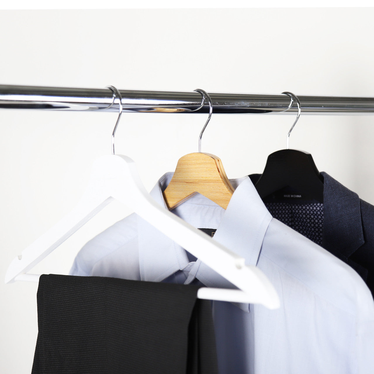 White Flat Wooden Hangers with Trouser Bar - 43cm