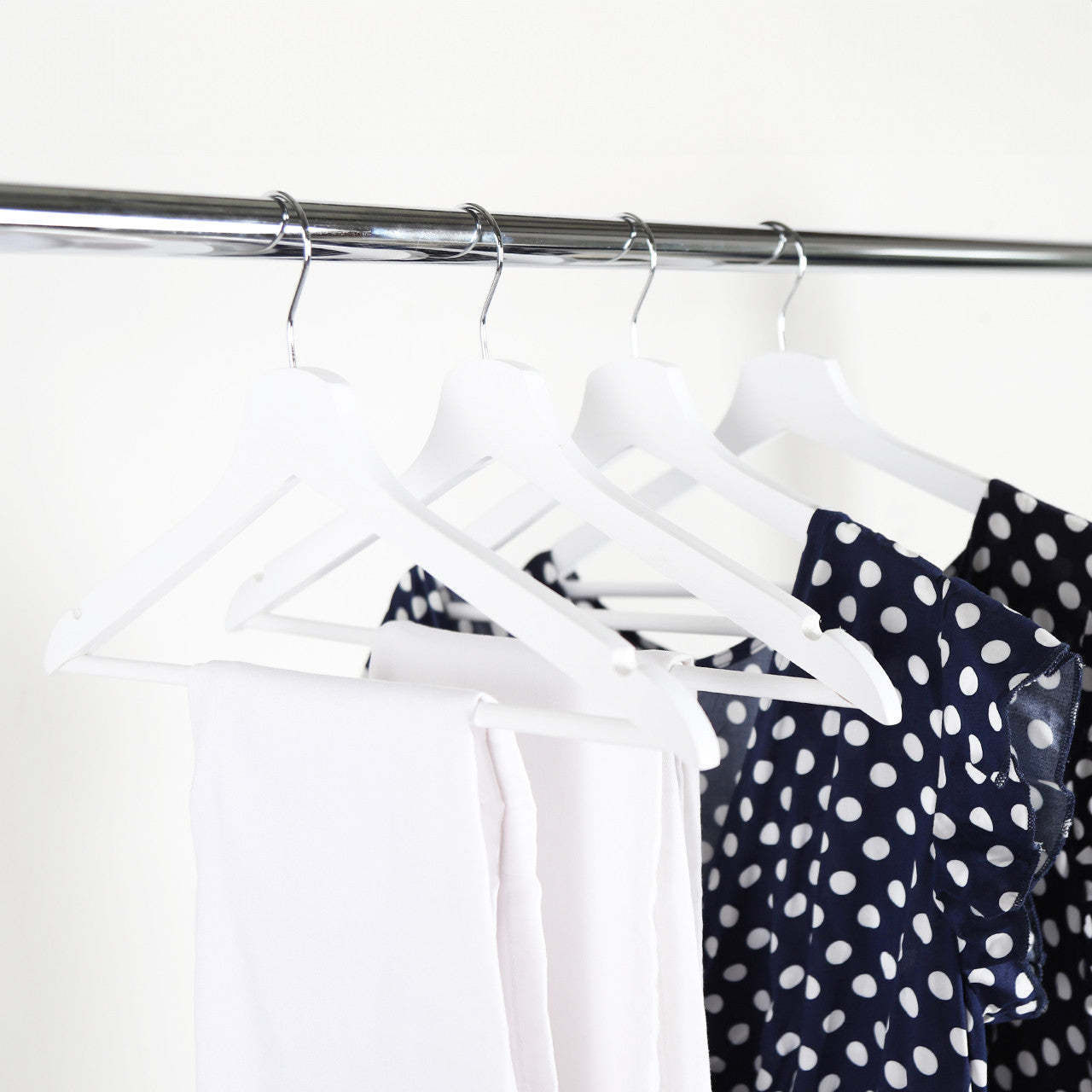 White Flat Wooden Hangers with Trouser Bar - 43cm