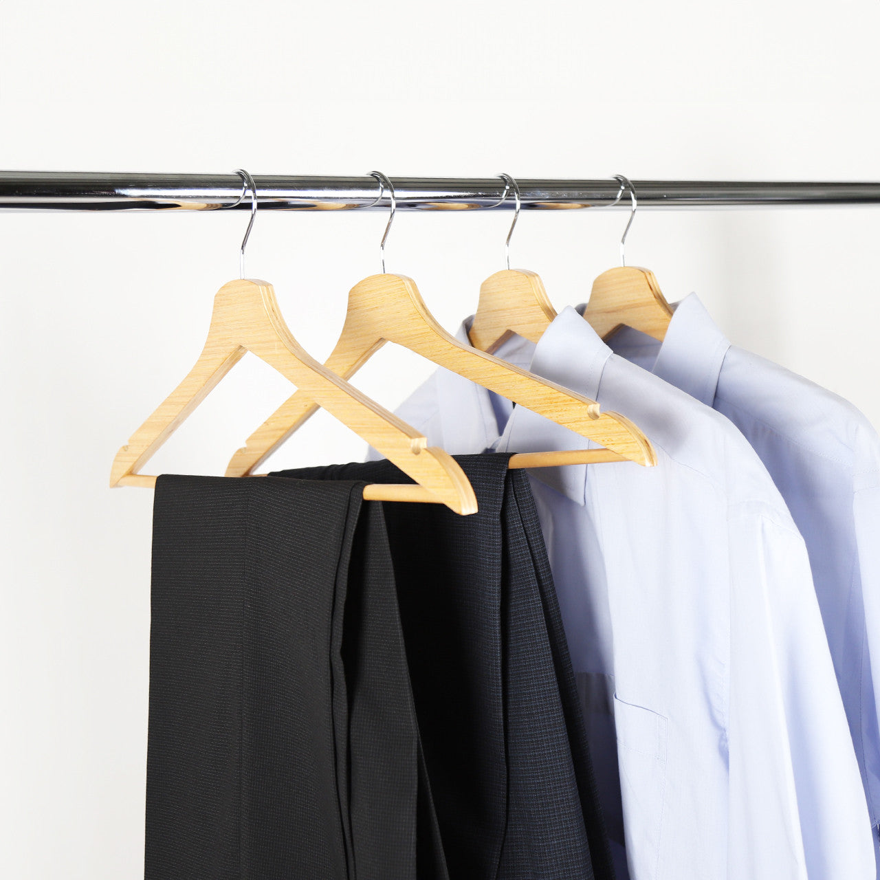 Polished Wood Flat Wooden Hangers with Trouser Bar - 43cm