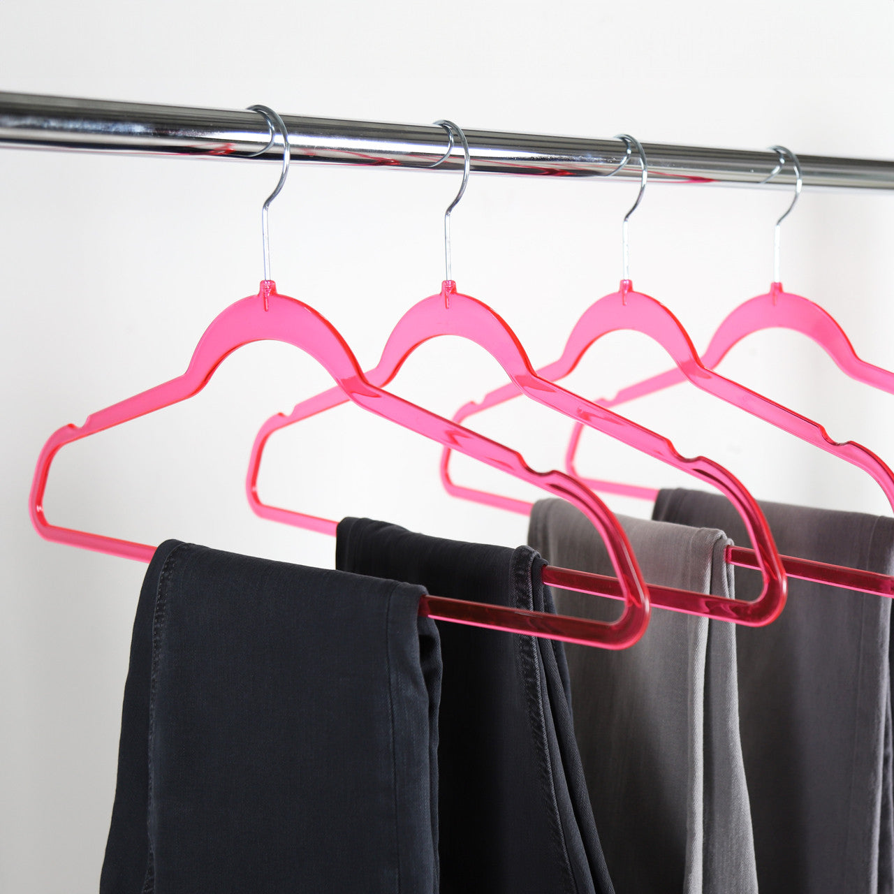 Clear Plastic Pink Hangers with Trouser Bar and Shoulder Notches - 45cm
