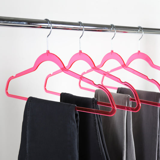 Clear Plastic Pink Hangers with Trouser Bar and Shoulder Notches - 45cm