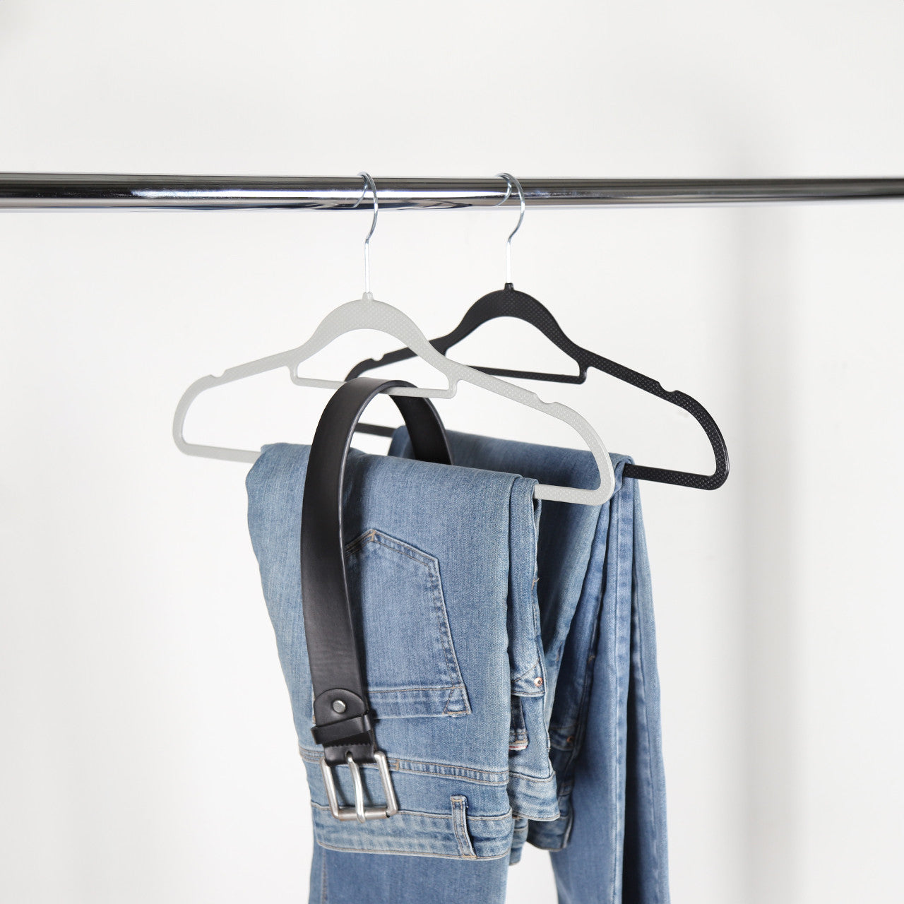 Textured Black Plastic Hangers with Belt Bar - 40cm