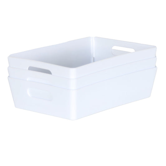 3 x White Shallow Rectangle Storage Baskets