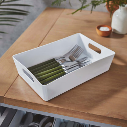 3 x White Shallow Rectangle Storage Baskets