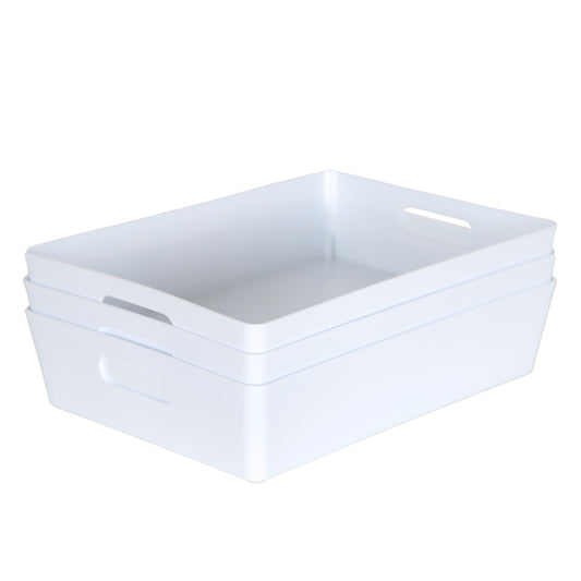 3 x White Large Shallow Rectangle Storage Baskets