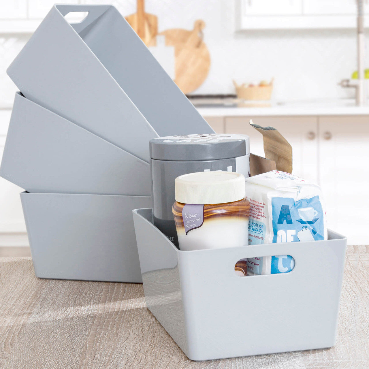 3 x Grey Deep Rectangle Storage Baskets
