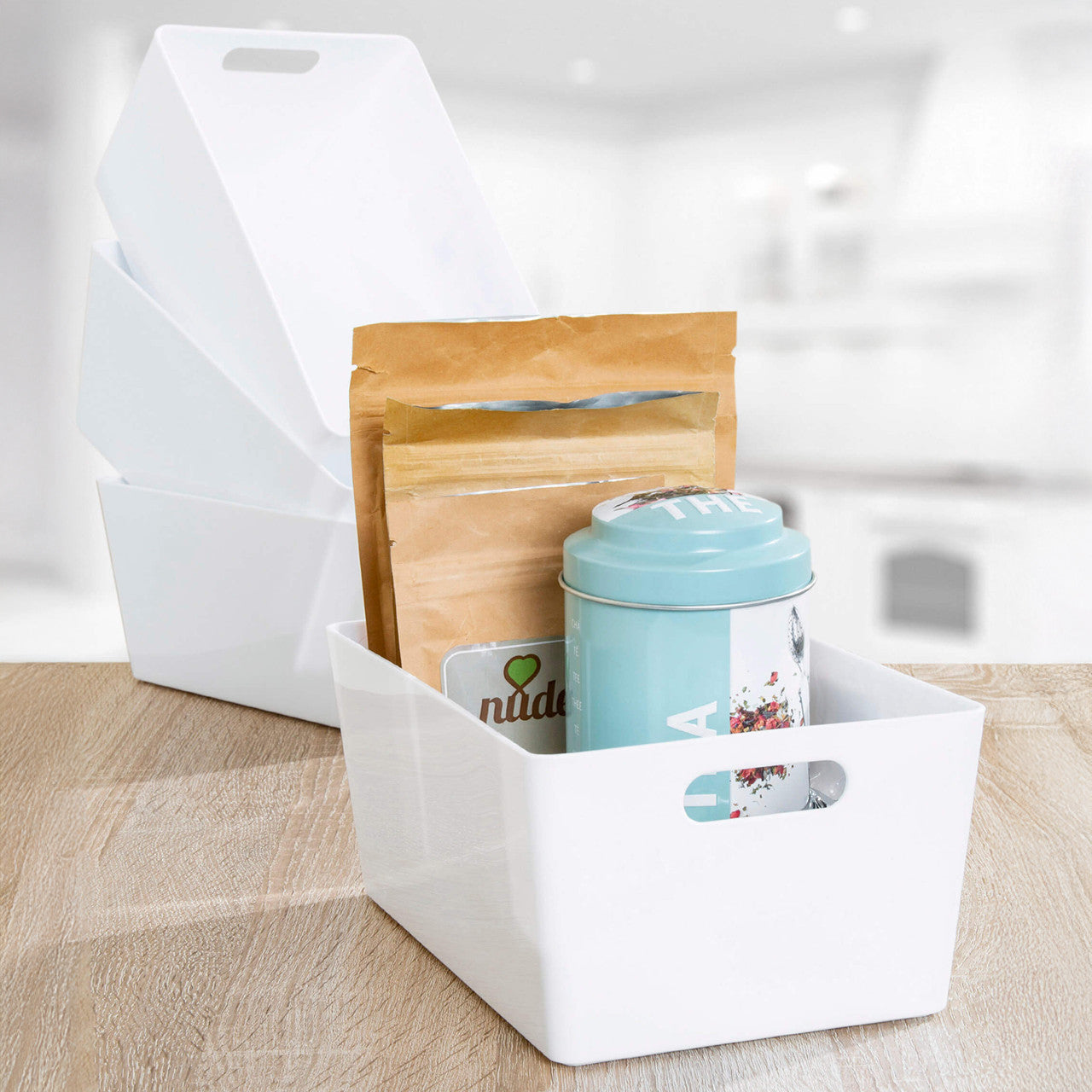 3 x White Deep Rectangle Storage Baskets
