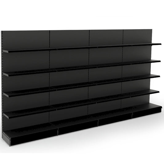 Black Retail Wall Shelving - 4 Bays - 1800mm High With 470mm Base Shelf