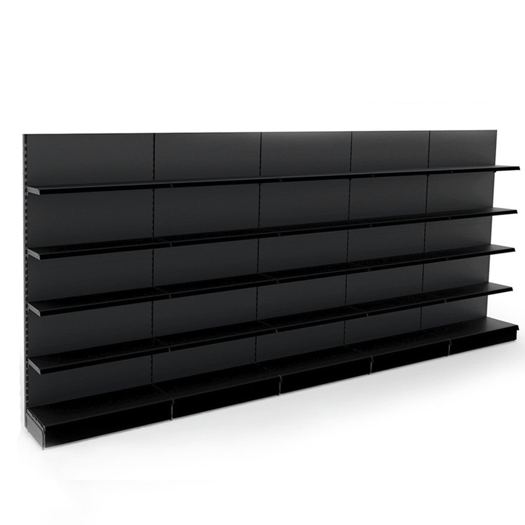 Black Retail Wall Shelving - 5 Bays - 1800mm High With 470mm Base Shelf