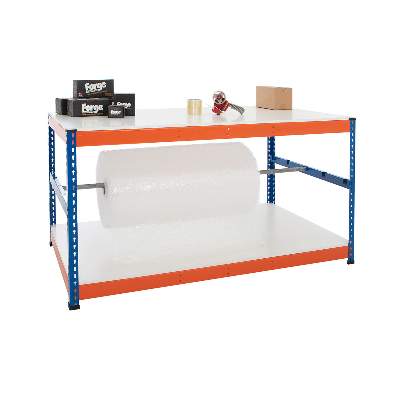 Blue & Orange Workbench With Reel Bar & 2 x Melamine Shelves - Up To 400kg UDL
