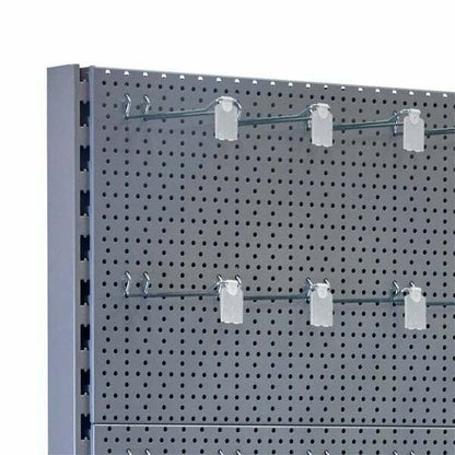 Trade & Exhibition Stand - Silver Retail Shelving Wall Unit - Perforated Back Panels with 32 Hooks - H2100mm