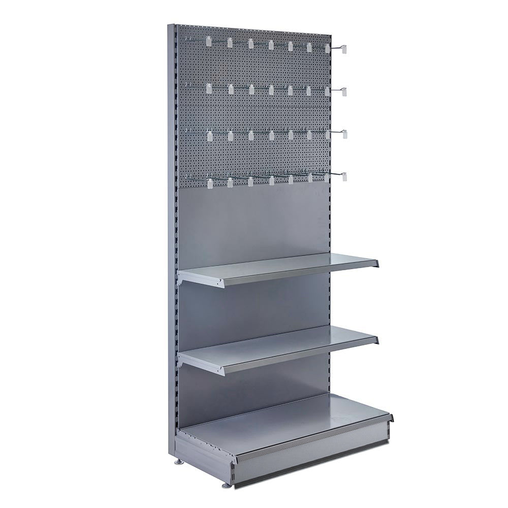 Trade & Exhibition Stand - Silver Retail Shelving Wall Unit - Perforated Back Panels with 32 Hooks - H2100mm