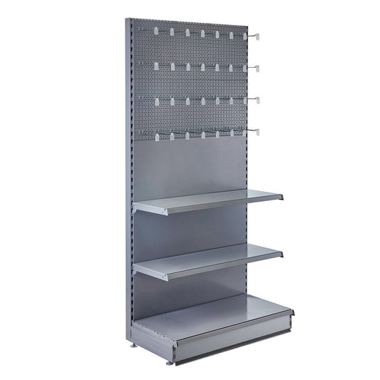 Trade & Exhibition Stand - Silver Retail Shelving Wall Unit - Perforated Back Panels with 32 Hooks - H2100mm