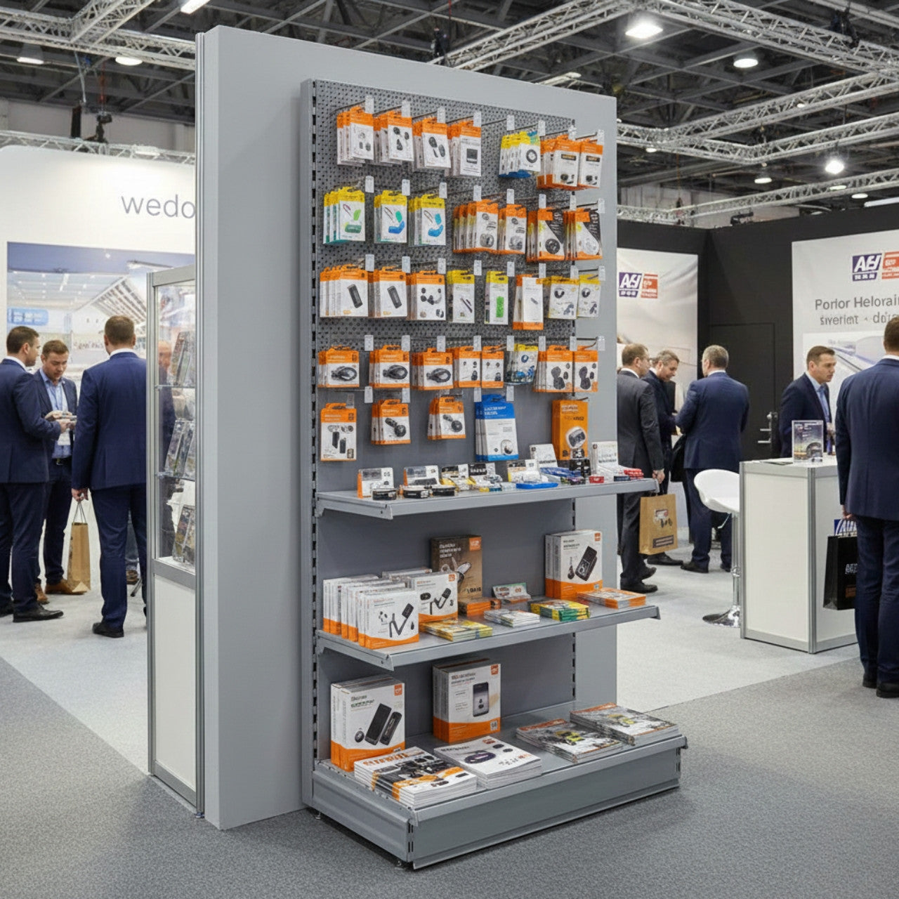 Trade & Exhibition Stand - Silver Retail Shelving Wall Unit - Perforated Back Panels with 32 Hooks - H2100mm