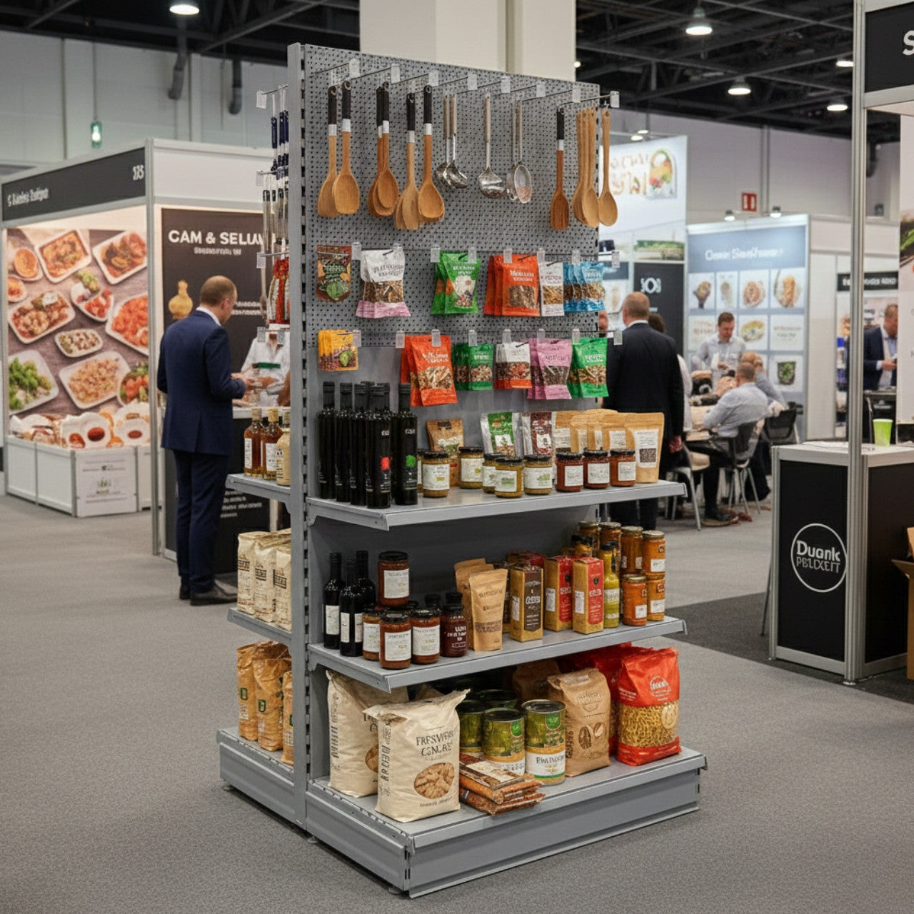Trade & Exhibition Stand - Silver Retail Shelving Wall Unit - Perforated Back Panels with 32 Hooks - H2100mm