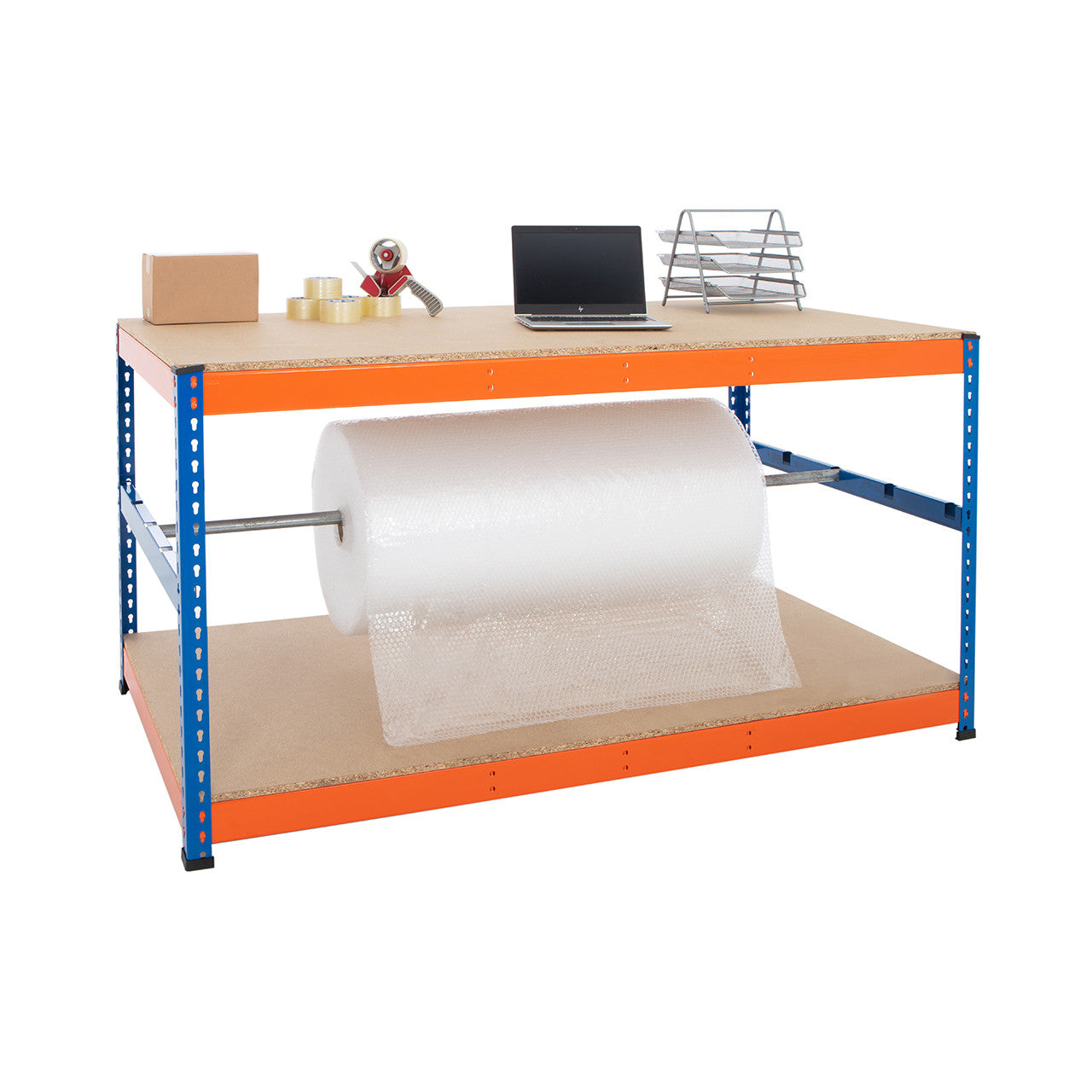 Blue & Orange Workbench With Reel Bar & 2 x Chipboard Shelves - Up To 400kg UDL