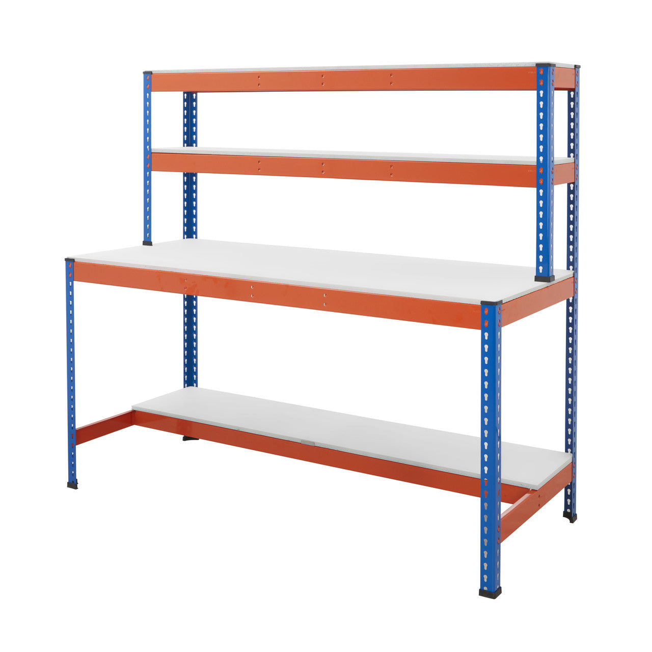 Blue & Orange Workstation With Melamine Worktop, 2 x Top Shelves & Half Depth Lower Shelf - Up To 400kg UDL