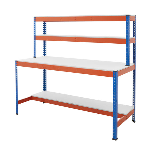 Blue & Orange Workstation With Melamine Worktop, 2 x Top Shelves & Half Depth Lower Shelf - Up To 400kg UDL
