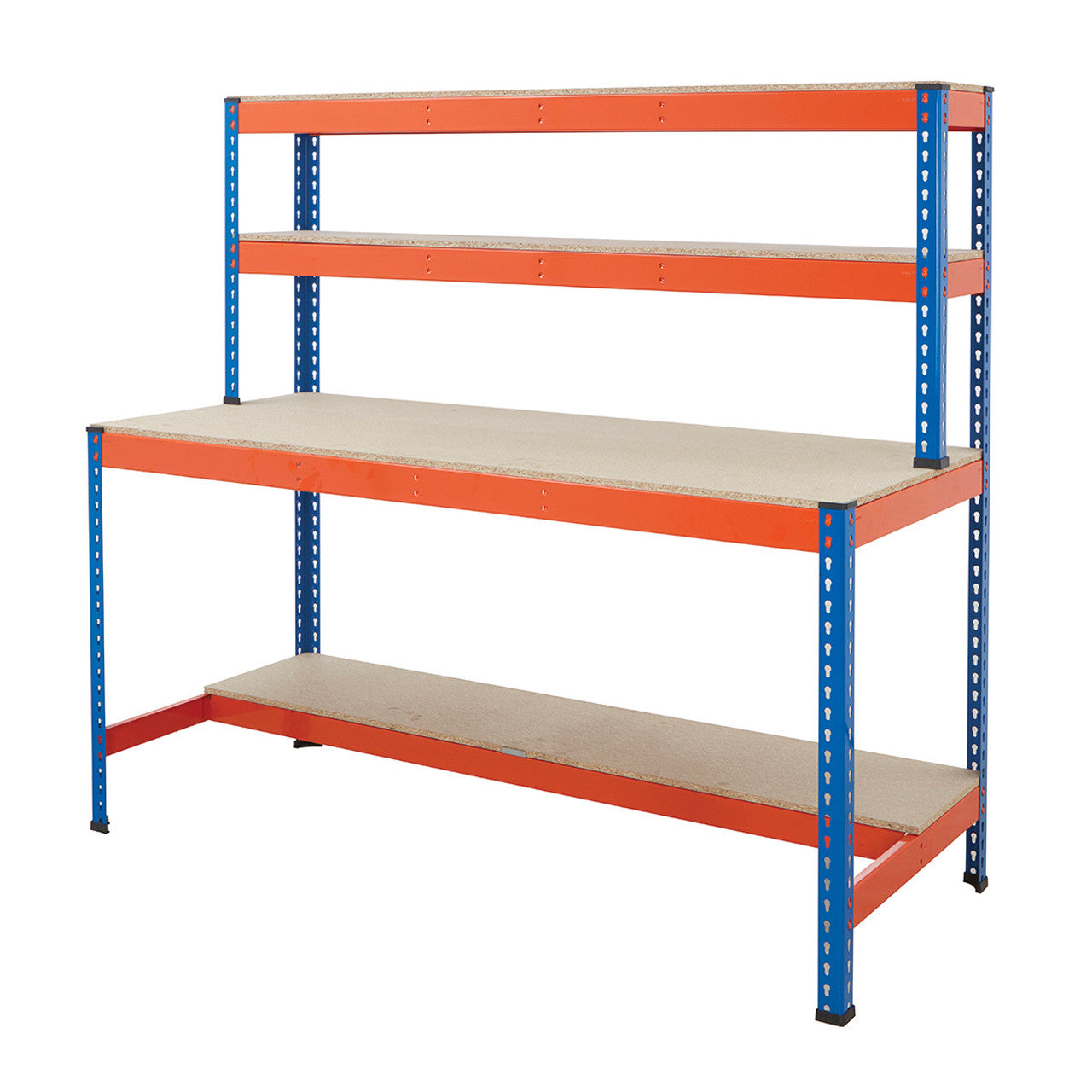 Blue & Orange Workstation With Chipboard Worktop, 2 x Top Shelves & Half Depth Lower Shelf - Up To 400kg UDL