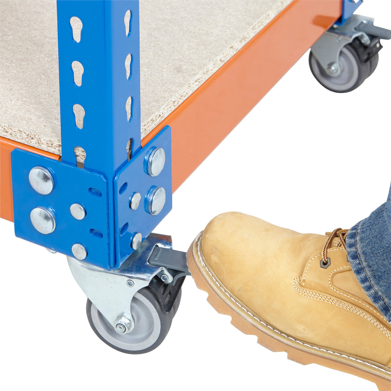 Mobile Blue & Orange Workbench With 2 x Chipboard Shelves - Up To 300kg UDL