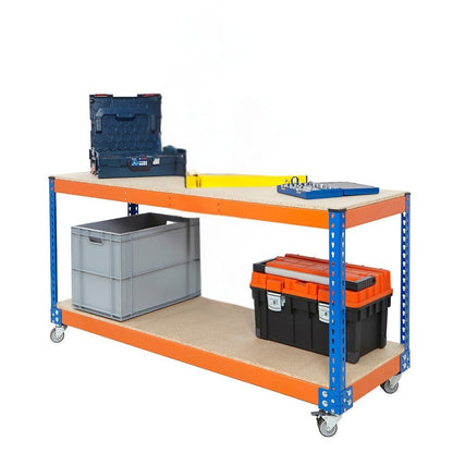 Mobile Blue & Orange Workbench With 2 x Chipboard Shelves - Up To 300kg UDL