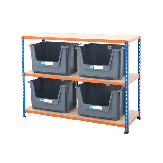 Multipurpose Shelving With 4 x Large Grey Plastic Part Bins - H915 x W1220x D455mm