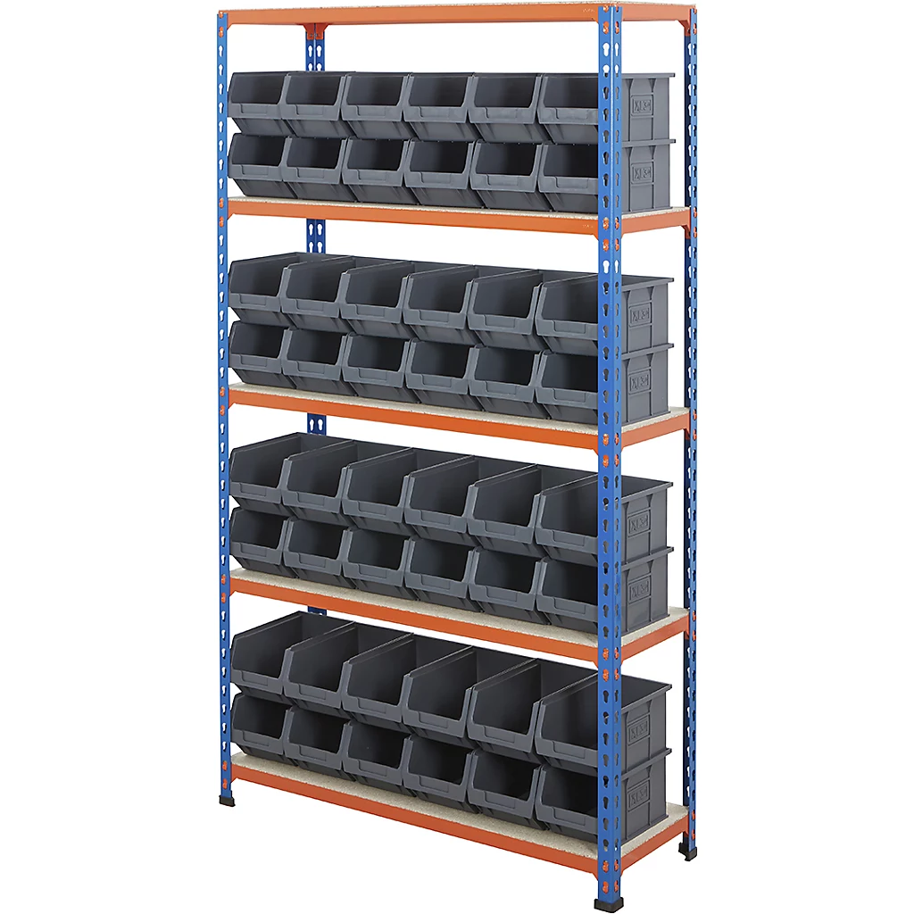Multipurpose Shelving With 48 x Grey Plastic Part Bins - H1600 x W915 x D305mm