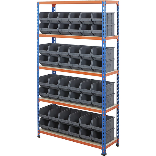 Multipurpose Shelving With 48 x Grey Plastic Part Bins - H1600 x W915 x D305mm