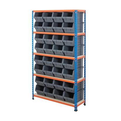 Multipurpose Shelving With 32 x Grey Plastic Part Bins - H1600 x W915 x D305mm