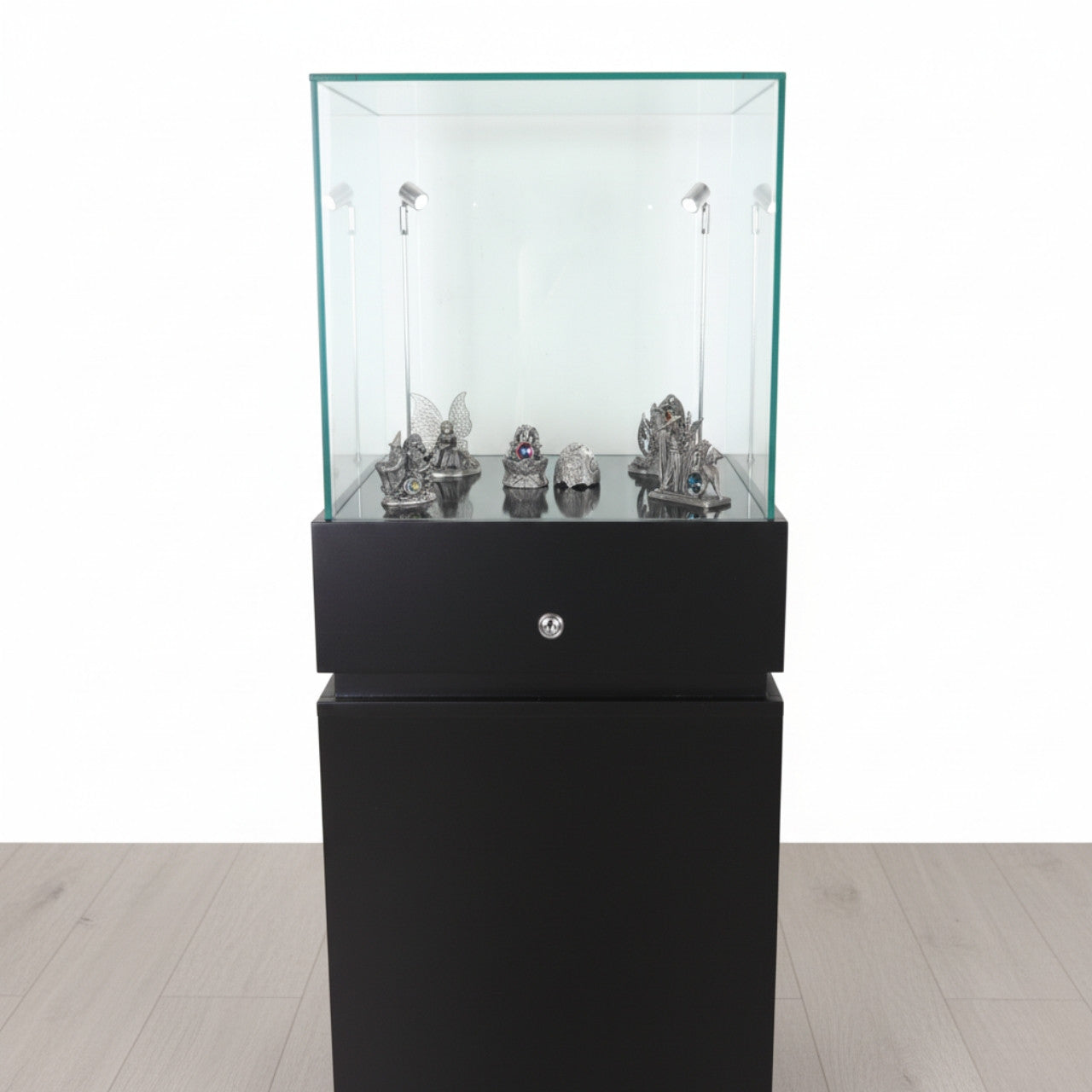 Halo Black Glass Display Tower Showcase Plinth with Lockable Cupboard