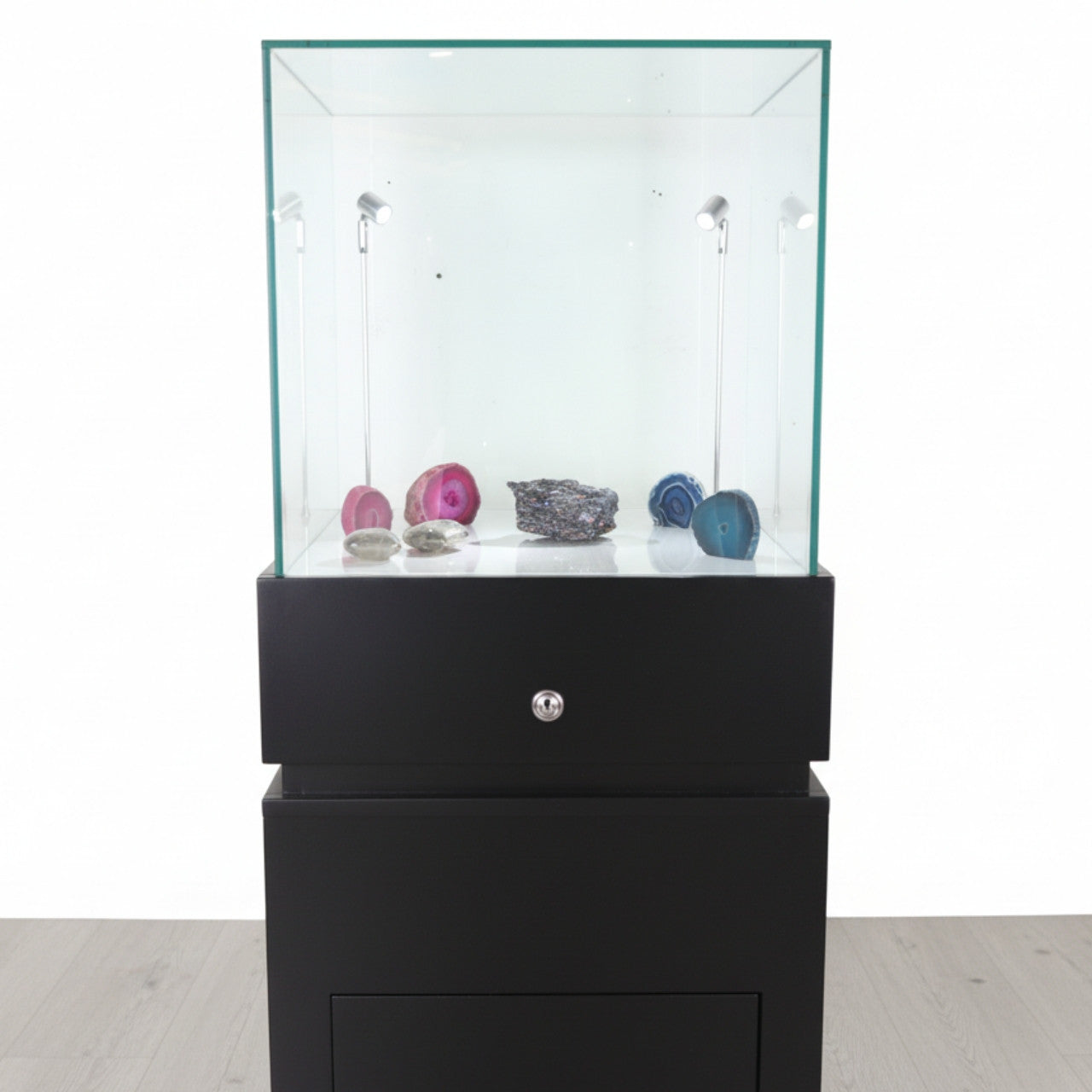 Halo Black Glass Display Tower Showcase Plinth with Lockable Cupboard