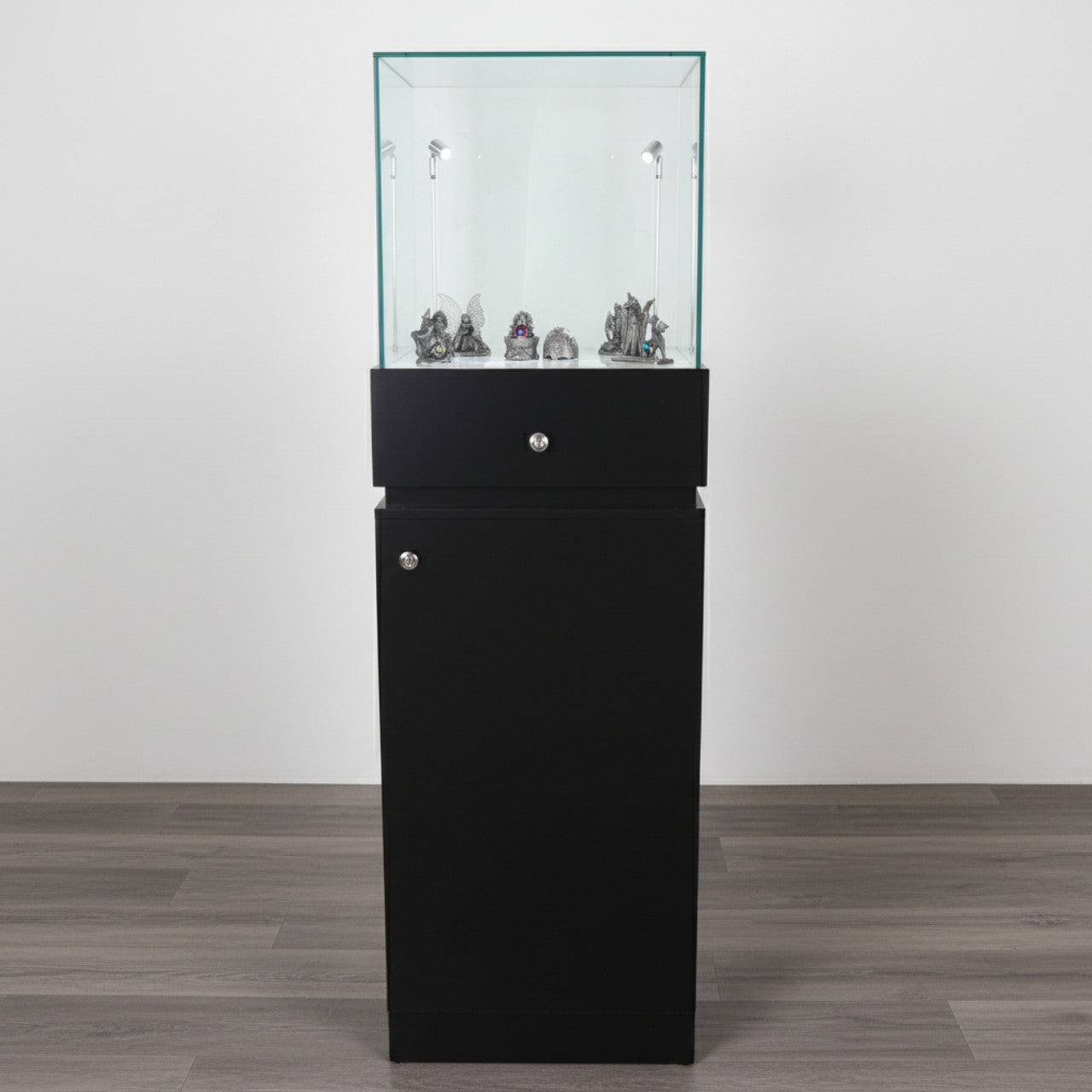 Halo Black Glass Display Tower Showcase Plinth with Lockable Cupboard