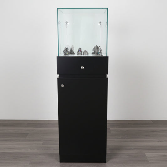 Halo Black Glass Display Tower Showcase Plinth with Lockable Cupboard