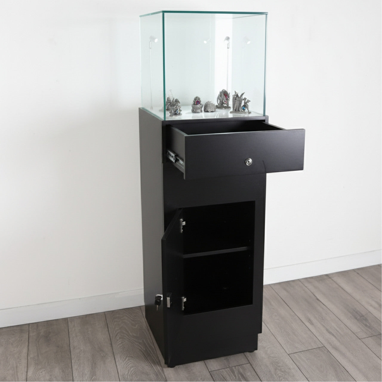 Halo Black Glass Display Tower Showcase Plinth with Lockable Cupboard
