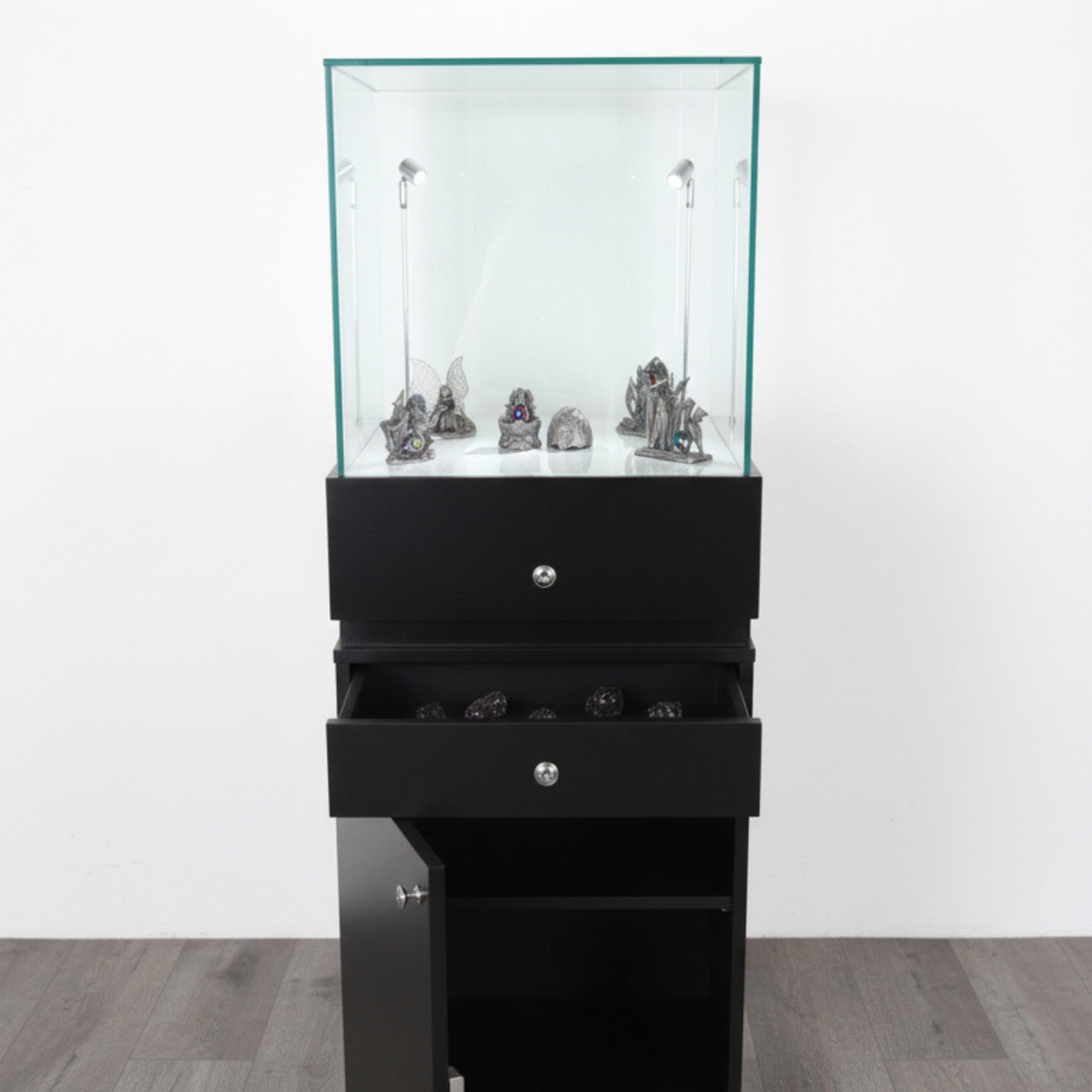 Halo Black Glass Display Tower Showcase Plinth with Lockable Cupboard