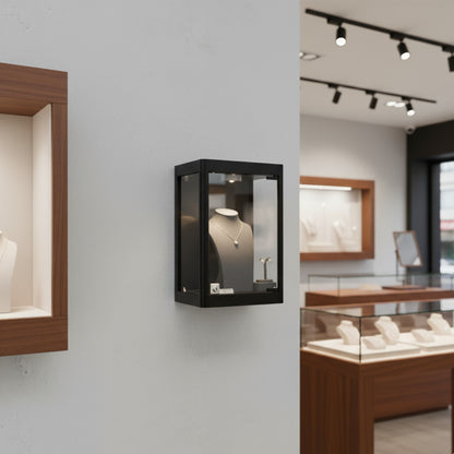 Halo Black Mini Wall-Mounted Glass Showcase With or Without Remote Control Light