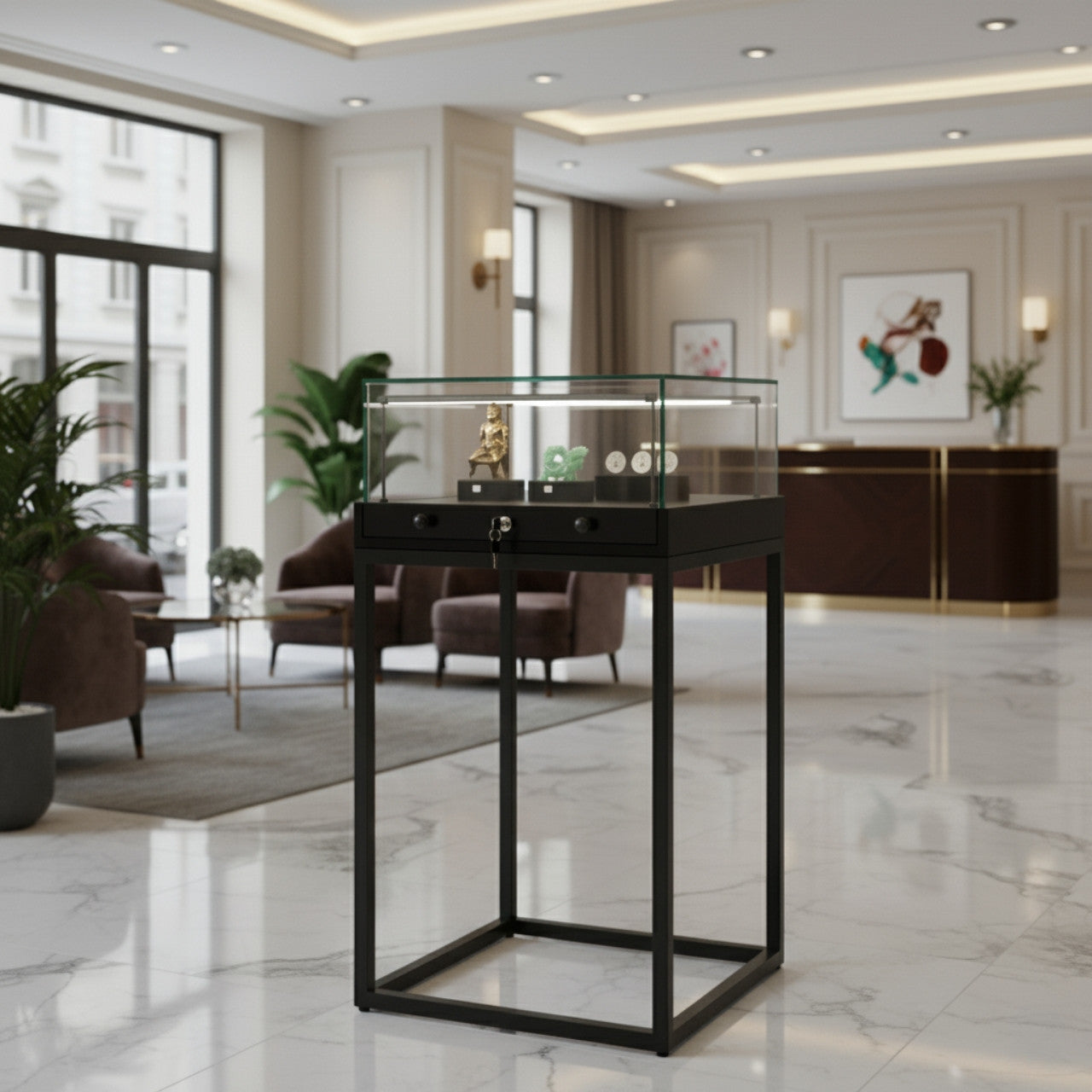 Halo Black Square Display Case Counter with Metal Base