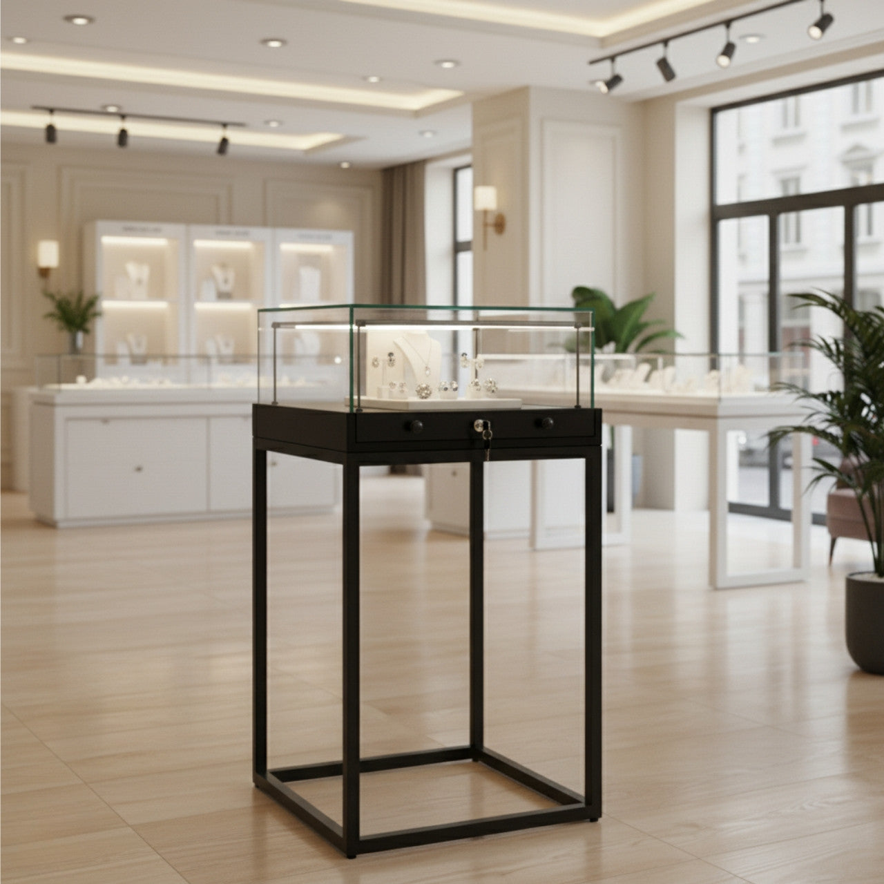Halo Black Square Display Case Counter with Metal Base